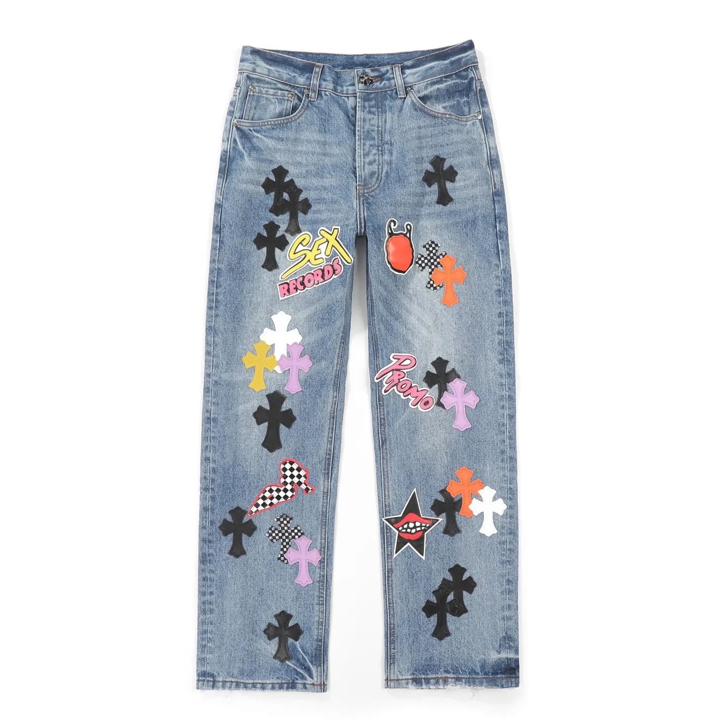 P320 Chrome Heart Blue Ox King Graffiti Multi-Color Leather Jeans [Same Style as L*Xiang] Chrome Heart Blue Ox King Graffiti Multi-Color Leather Jeans are the “king of the market” in the fashion industry! Made of high-quality denim and processed through complex washing processes, the distressed effect is super unique. The multi-color leather and graffiti design bring out the cool street genes of Crowe. Each pair of pants is unique, and you can directly transform into a street trend ICON when you put it on. The matching method is super cool: High street style: Pair it with a black hooded sweatshirt, thick-soled boots, and stacked silver chains. When you go to the stage or on the street, you will have an aura of 2.8 meters. You can slay at concerts and out on the street. Mix and match trendy styles: wear a suit jacket + canvas shoes for boys, and wear a short crop top + dad shoes for girls. Mix and match to create a sense of contrast, full of fashion sense, and the hair tie will get likes in seconds when taking photos. Couples share the same style: one pair with each other, the boy wears a solid color T + sneakers, the girl wears a short top + sneakers, they are the most eye-catching trendy couple when they go out, and they keep turning heads! No matter what your style is, these pants can help you grasp the essence of the trend. It is a must-have for trendy players. You will look the most beautiful on the street when you put it on! Size: 28/30/32/34/36 Waist: 70/75/80/85/90 Pants length: 102/104/106/108/110